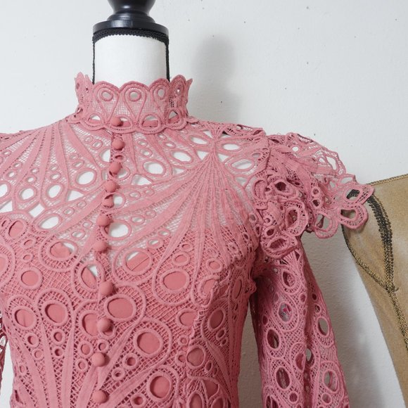 L'ATISTE Dusty Rose Pink Lace Eyelet Ruffle MockNeck Victorian French Boho Dress - Picture 8 of 16